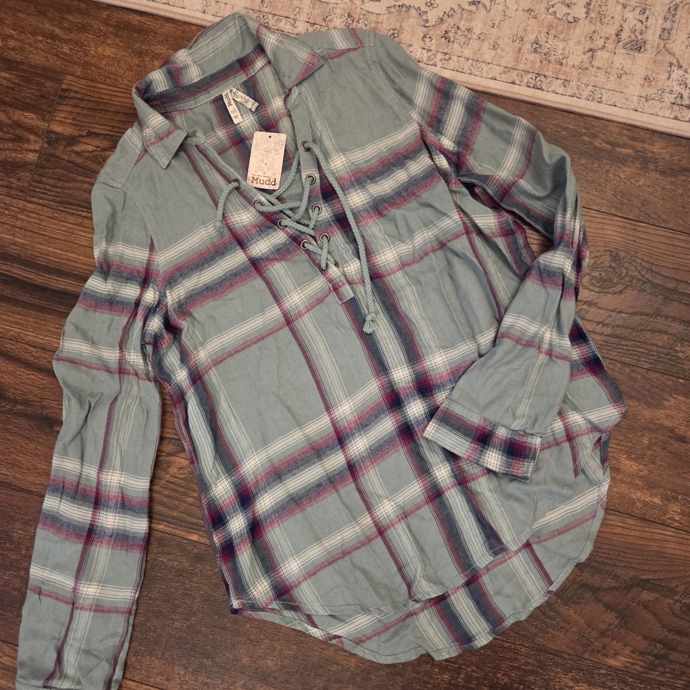 MUDD Women's Plaid Lace-Up Top